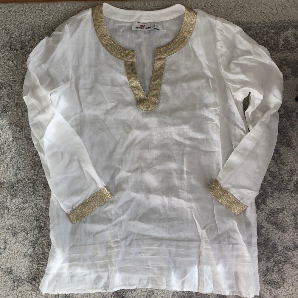 Vineyard Vines linen gold/white tunic xsmall